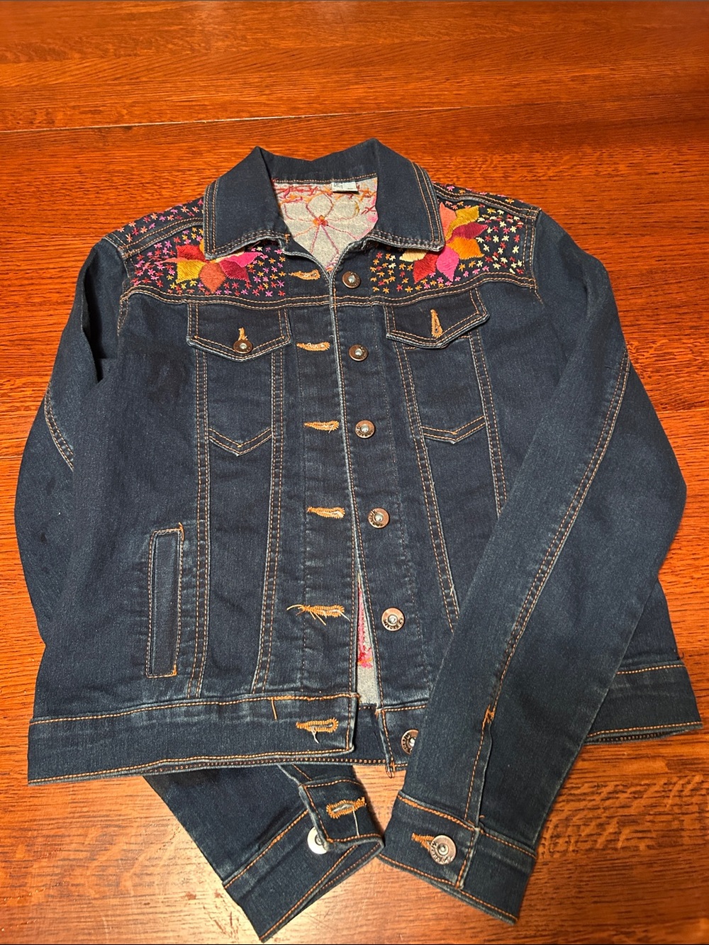 Embroidered Dark Denim Jean Jacket with Floral Yoke - Women's